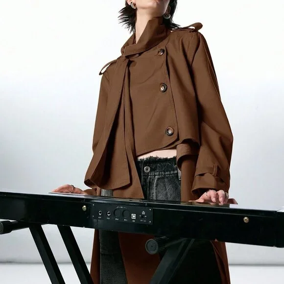 Chocolate Brown Casual Women's Double-Breasted Trench Coat - Picture 6 of 7